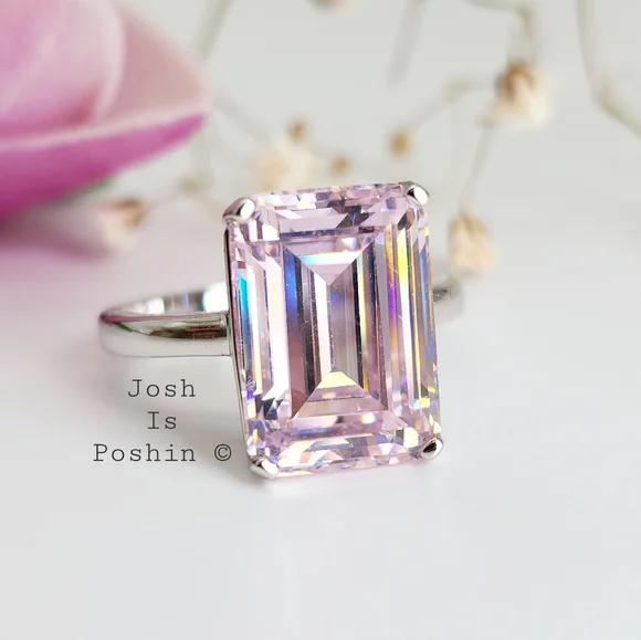 7CT Emerald cut pink diamond solitaire ring in sterling silver